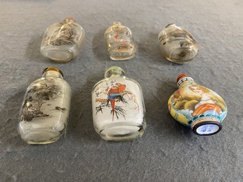 Five Chinese inside-painted glass snuff bottles and one in Canton or Beijing enamel, 19/20th C.