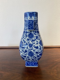 A Chinese blue and white 'fanghu' vase with lotus scrolls, Qianlong mark, 19/20th C.