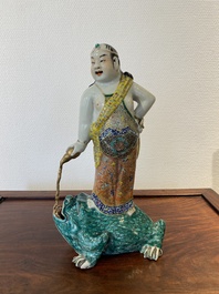 A Chinese famille rose 'Liu Hai on the toad' sculpture, signed Huang Yuanxiang 黃源項, 19th C.