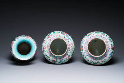 Three Chinese famille rose vases, a hat stand and a blue and white celadon-ground jar and cover, 19th C.