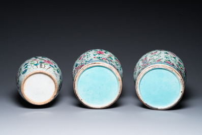 Three Chinese famille rose vases, a hat stand and a blue and white celadon-ground jar and cover, 19th C.
