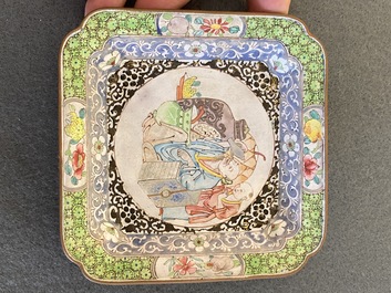 A Chinese Canton enamel square saucer dish with a scholar drinking wine, Yongzheng/Qianlong