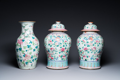 Three Chinese famille rose vases, a hat stand and a blue and white celadon-ground jar and cover, 19th C.