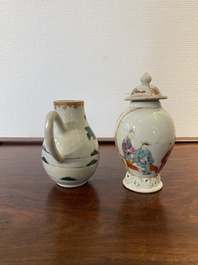 A Chinese famille rose 'mandarin subject' tea caddy and a jug with the 'Judgement of Paris', Qianlong