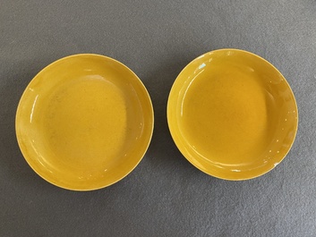 A pair of Chinese monochrome yellow-glazed plates, Tongzhi mark and of the period