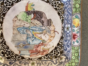 A Chinese Canton enamel square saucer dish with a scholar drinking wine, Yongzheng/Qianlong