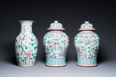 Three Chinese famille rose vases, a hat stand and a blue and white celadon-ground jar and cover, 19th C.