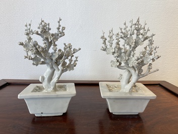 A pair of Chinese Dehua blanc de Chine trees with birds, Kangxi