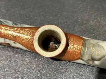 A rare Chinese famille rose opium pipe with narrative scenes, 19th C.