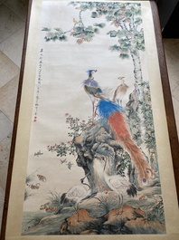 Follower of Yan Bolong 顏伯龍 (1898-1955): 'Two peacocks and two cranes', ink and colour on paper