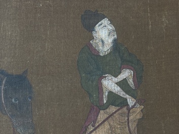 Bo Yuan 伯遠: 'Un palefrenier m&egrave;ne un cheval', encre et couleurs sur soie, probablement Ming