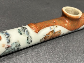 A rare Chinese famille rose opium pipe with narrative scenes, 19th C.