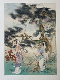 Hu Yefo 胡也佛 (1908-1980): 'Quatre sc&egrave;nes du Xi Xiang Ji', encre et couleurs sur papier