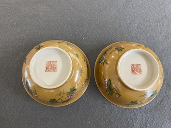 A pair of Chinese caf&eacute;-au-lait-ground famille rose 'grasshopper' bowls, Daoguang mark and of the period