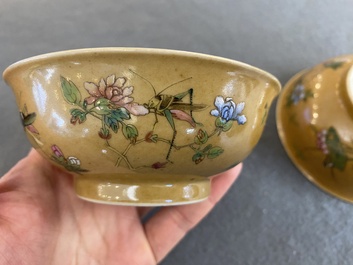 A pair of Chinese caf&eacute;-au-lait-ground famille rose 'grasshopper' bowls, Daoguang mark and of the period