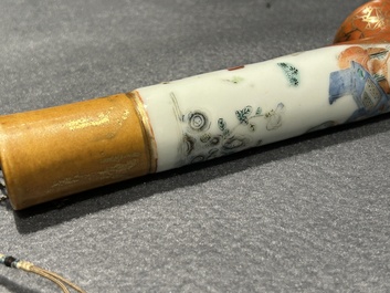 A rare Chinese famille rose opium pipe with narrative scenes, 19th C.