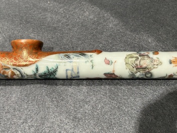 A rare Chinese famille rose opium pipe with narrative scenes, 19th C.