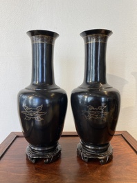 A pair of Chinese Fuzhou or Foochow lacquer 'dragon' vases, 19th C.