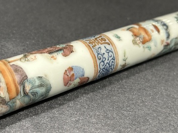 A rare Chinese famille rose opium pipe with narrative scenes, 19th C.