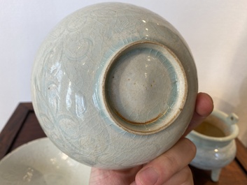 Two Chinese qingbai bowls and a tripod censer, Song/Ming