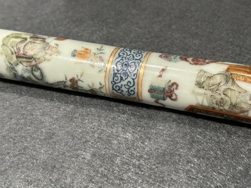 A rare Chinese famille rose opium pipe with narrative scenes, 19th C.