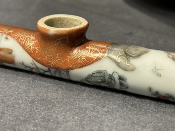 A rare Chinese famille rose opium pipe with narrative scenes, 19th C.