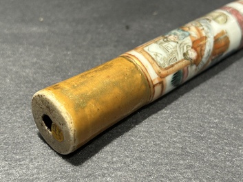 A rare Chinese famille rose opium pipe with narrative scenes, 19th C.