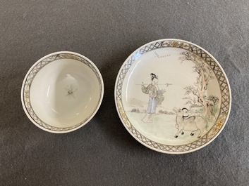 A Chinese grisaille cup and saucer with Lan Caihe, Yongzheng
