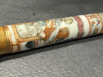 A rare Chinese famille rose opium pipe with narrative scenes, 19th C.