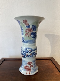 Een Chinese blauw-witte, celadon en onderglazuur rode 'yenyen' vaas, Kangxi merk, Qing