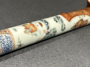 A rare Chinese famille rose opium pipe with narrative scenes, 19th C.