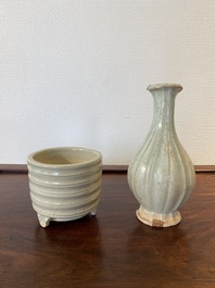 A Chinese qingbai wall pocket vase and a three-legged incense burner, Song