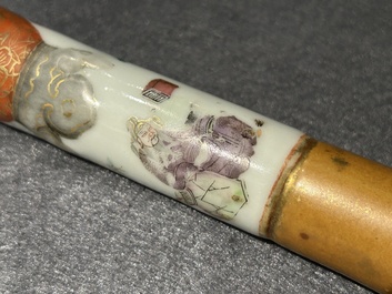 A rare Chinese famille rose opium pipe with narrative scenes, 19th C.