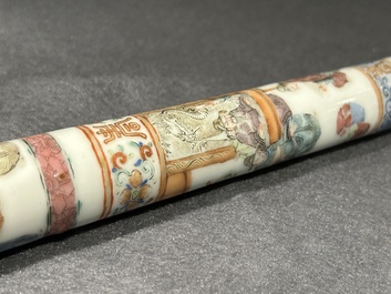 A rare Chinese famille rose opium pipe with narrative scenes, 19th C.