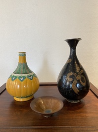 A Chinese Jizhou vase, a Jian bowl and a yellow-ground vase, Song and later