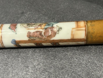 A rare Chinese famille rose opium pipe with narrative scenes, 19th C.