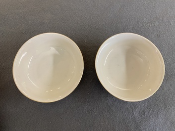A pair of Chinese caf&eacute;-au-lait-ground famille rose 'grasshopper' bowls, Daoguang mark and of the period