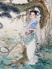 Hu Yefo 胡也佛 (1908-1980): 'Four scenes from Xi Xiang Ji', ink and colour on paper