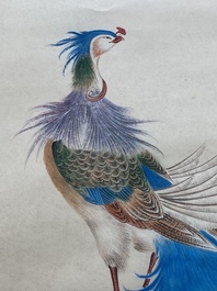 Navolger van Yan Bolong 顏伯龍 (1898-1955): 'Twee pauwen en twee kraanvogels', inkt en kleur op papier