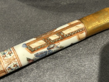 A rare Chinese famille rose opium pipe with narrative scenes, 19th C.