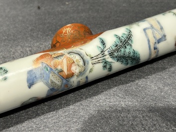 A rare Chinese famille rose opium pipe with narrative scenes, 19th C.