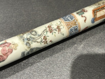 A rare Chinese famille rose opium pipe with narrative scenes, 19th C.