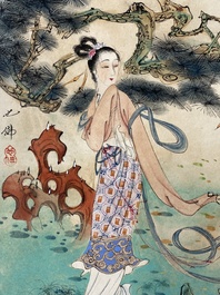 Hu Yefo 胡也佛 (1908-1980): 'Four scenes from Xi Xiang Ji', ink and colour on paper