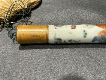 A rare Chinese famille rose opium pipe with narrative scenes, 19th C.