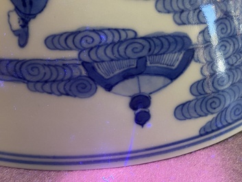 Three Chinese blue and white bowls with figurative design, Xuande mark, 19th C.