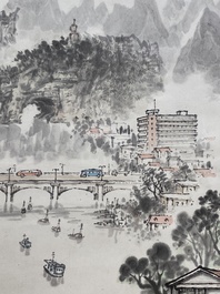 Qian Songyan 錢松嵒 (1899-1986): 'Landschap met moderne gebouwen', inkt en kleur op papier, gedateerd 1974