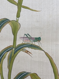 Zhao Hao 趙浩 '石佛' (1881-1949): 'Deux cailles et insectes', encre et couleurs sur soie, dat&eacute; 1928