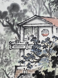 Qian Songyan 錢松嵒 (1899-1986): 'Landschap met moderne gebouwen', inkt en kleur op papier, gedateerd 1974