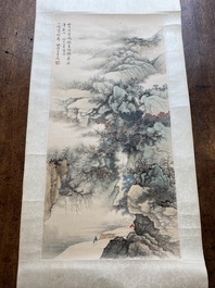 Wang Jiqian 王季遷 (1906-2003): 'Landschap met waterval', inkt en kleur op papier, gedateerd 1996