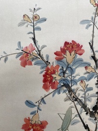 Suiveur de Wang Xuetao 王雪濤 (1903-1982) : 'Chat et mante', encre et couleurs sur papier, dat&eacute; 1945